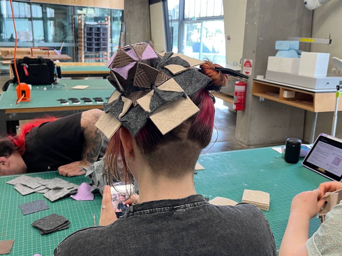 Close-up of a tile headpiece made at a Monash University workshop